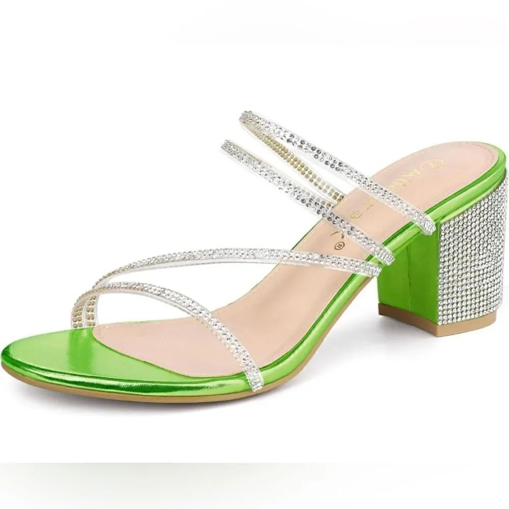 Allegra K Women's Strappy Rhinestone Block Heel Slide Sandals Green Size 8